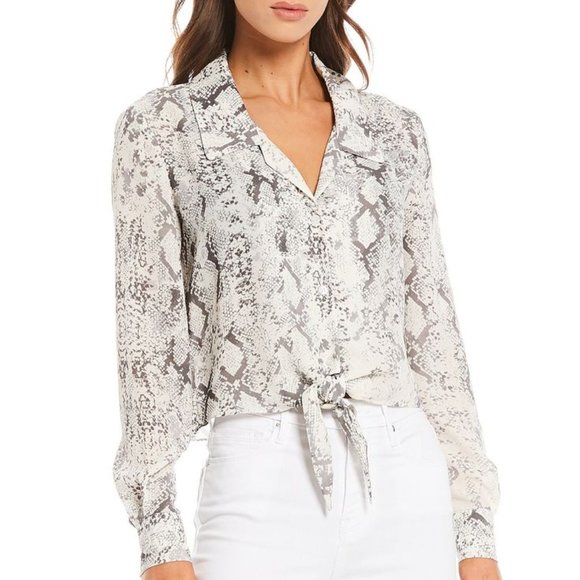 Gianni Bini Rebecca Snake Print Polyester Button Front Tie Hem Blouse - Size Med - Picture 1 of 5